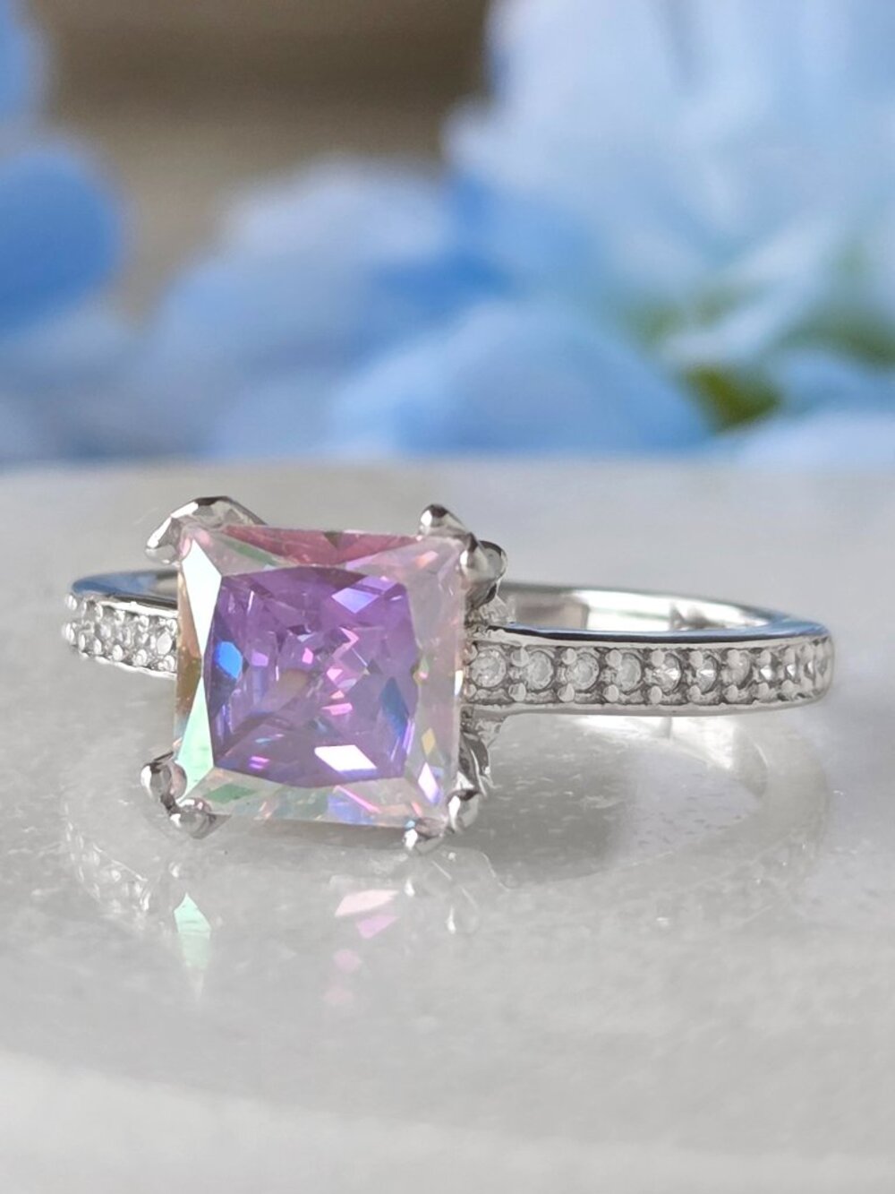 Princess Cut Aurora Borealis Ring, 925 Sterling Silver Charmed Aroma Size 7